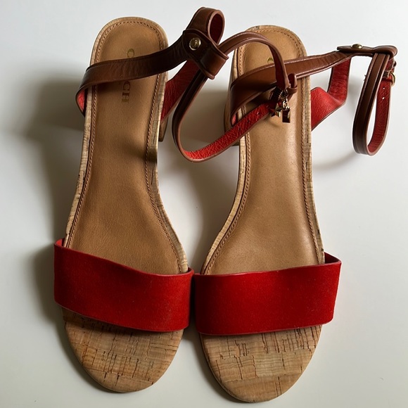Coach Red Leather Sandals Size 9 B - Picture 1 of 8